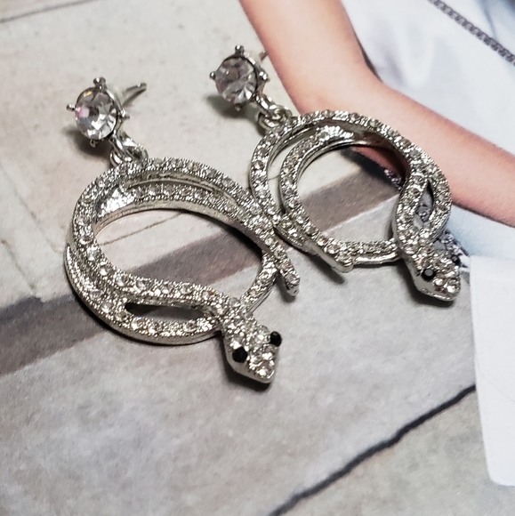 Silver Serpent Coiled Earrings Cubic Zirconia - Picture 2 of 9